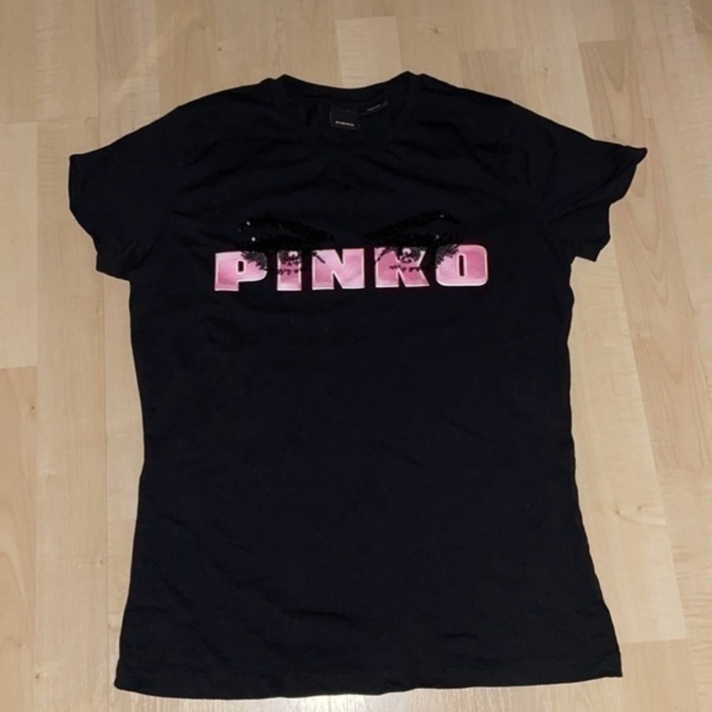 PINKO Sequined Eyes Logo Tee T-shirt in black w/ pink Italy pure 100% cotton XS - Picture 3 of 13